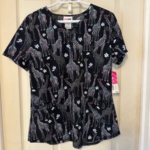 Scrubstar Black Scrub Top with Multicolor Giraffe Print